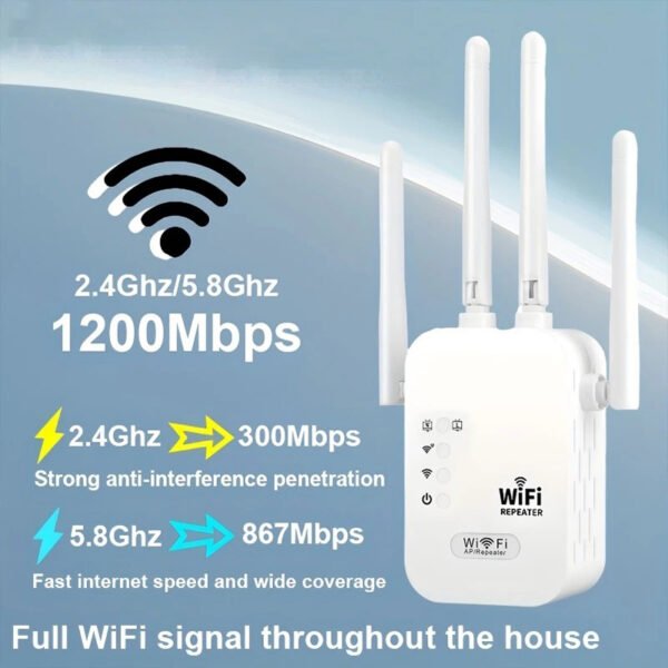 1200 Mbps Wireless Wi-Fi Repeater, Dual-Band 2.4 GHz 5 GHz Wi-Fi Signal Booster, 802.11ac Gigabit Wi-Fi Extender, WPS Router